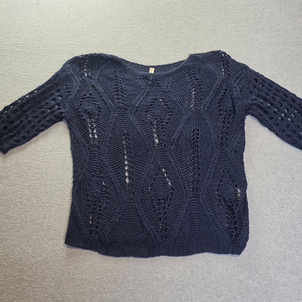 Evaless Open Knit Sweater Womens S Navy Crochet Look 3/4 Sleeve Boho Pullover